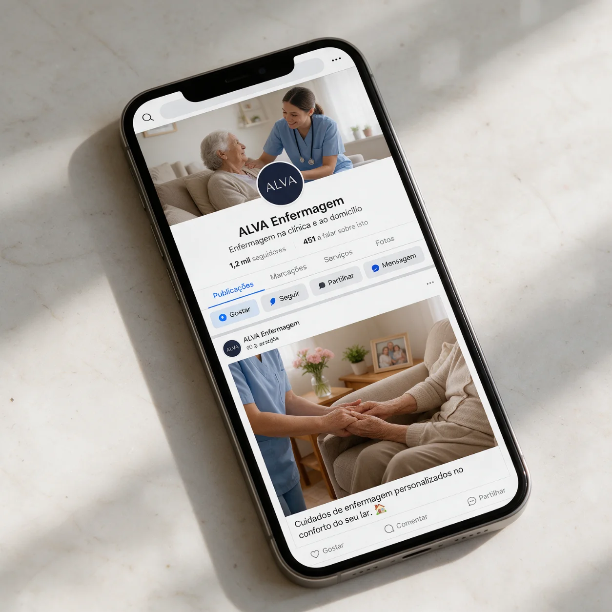 Página de Facebook de uma clínica de enfermagem Página de Facebook de uma clínica de enfermagem