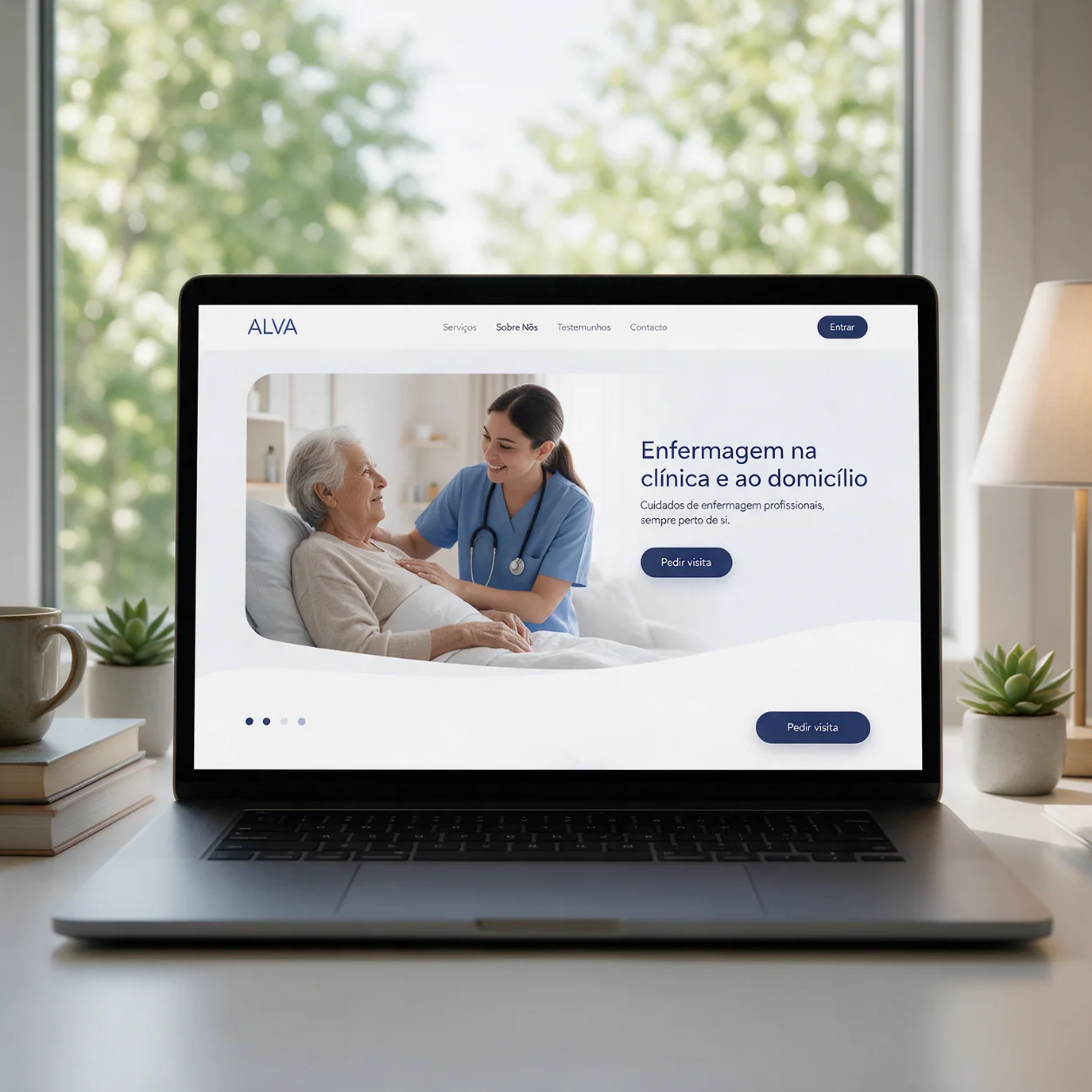 Portátil com o site de uma clínica de enfermagem
