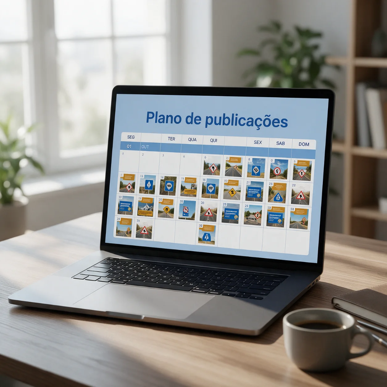 Portátil com o calendário de publicações de uma escola de condução