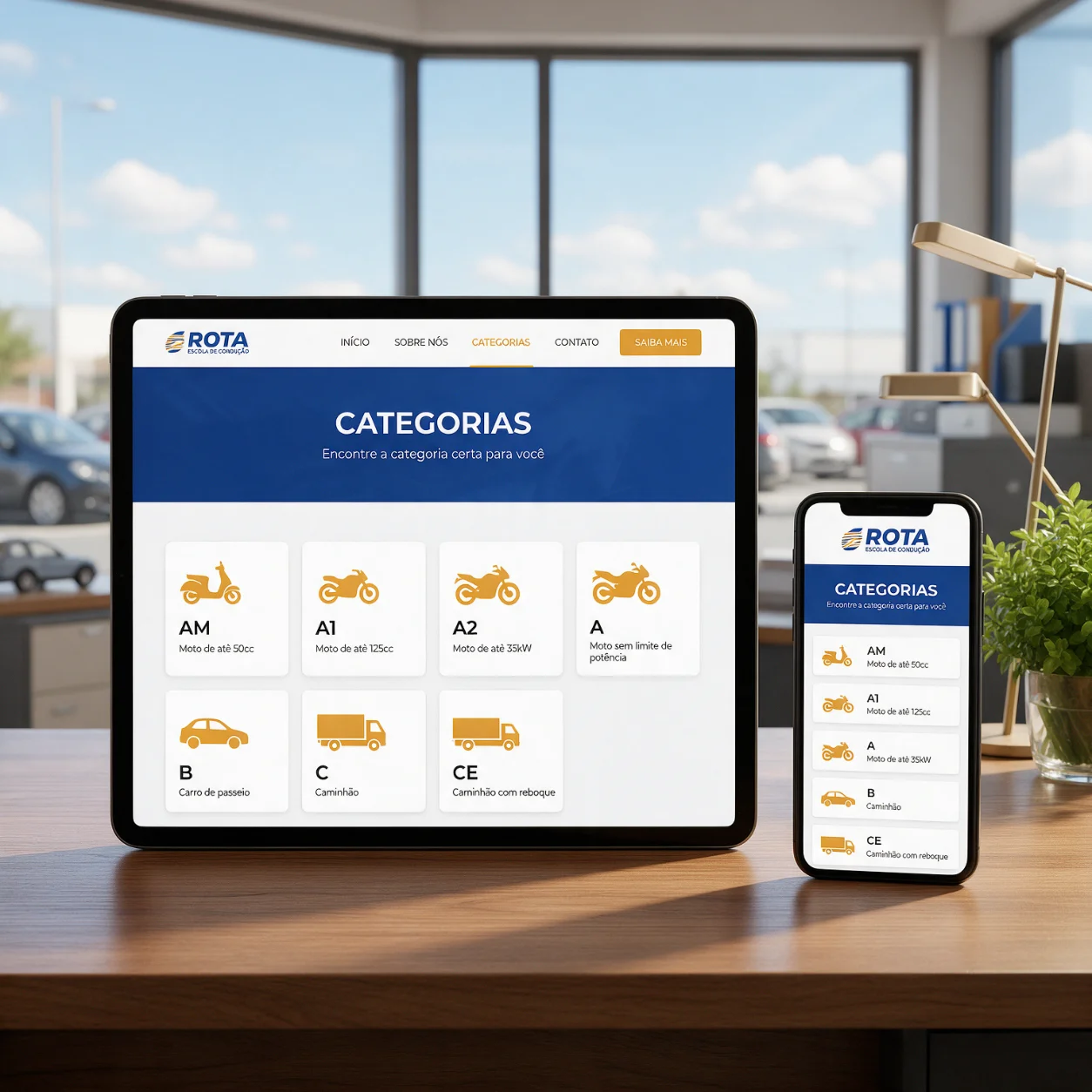 Tablet e telemóvel com as categorias de uma escola de condução