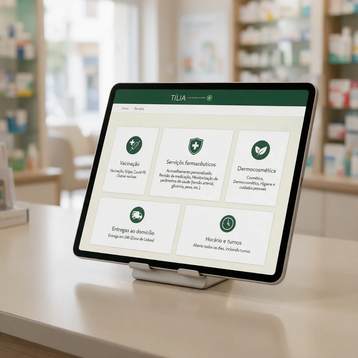 Tablet com os serviços de uma farmácia