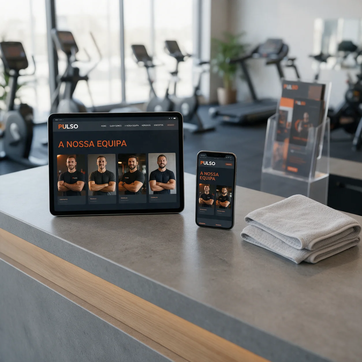 Tablet e telemóvel com a página da equipa técnica de um ginásio