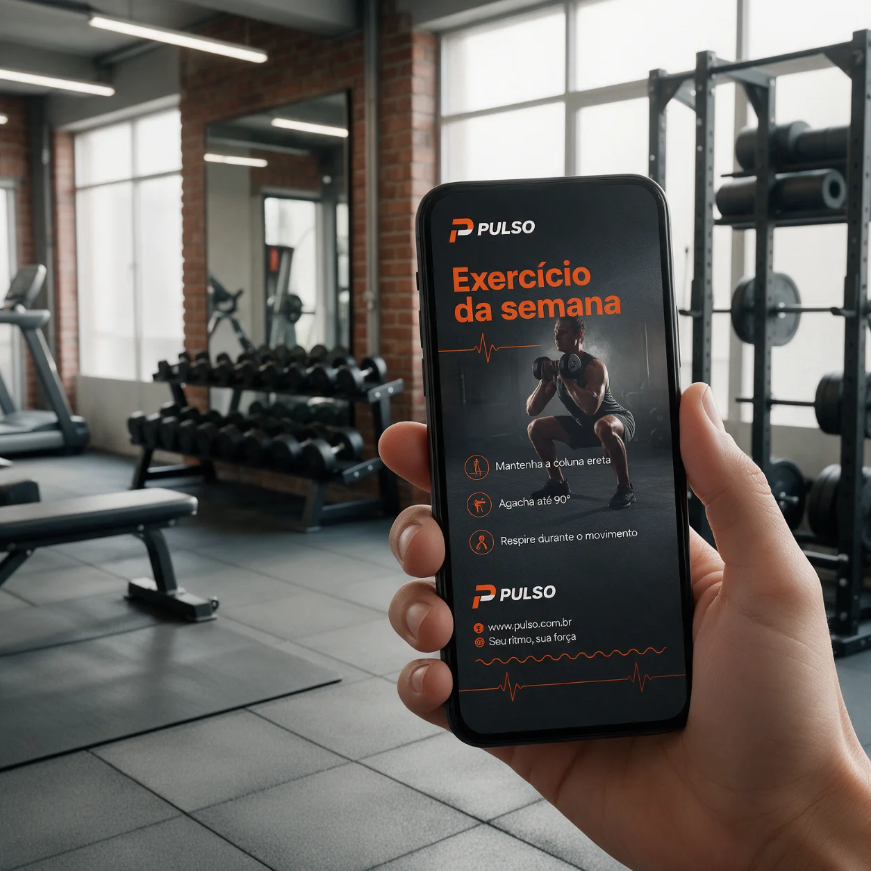 Telemóvel com uma publicação do exercício da semana de um ginásio