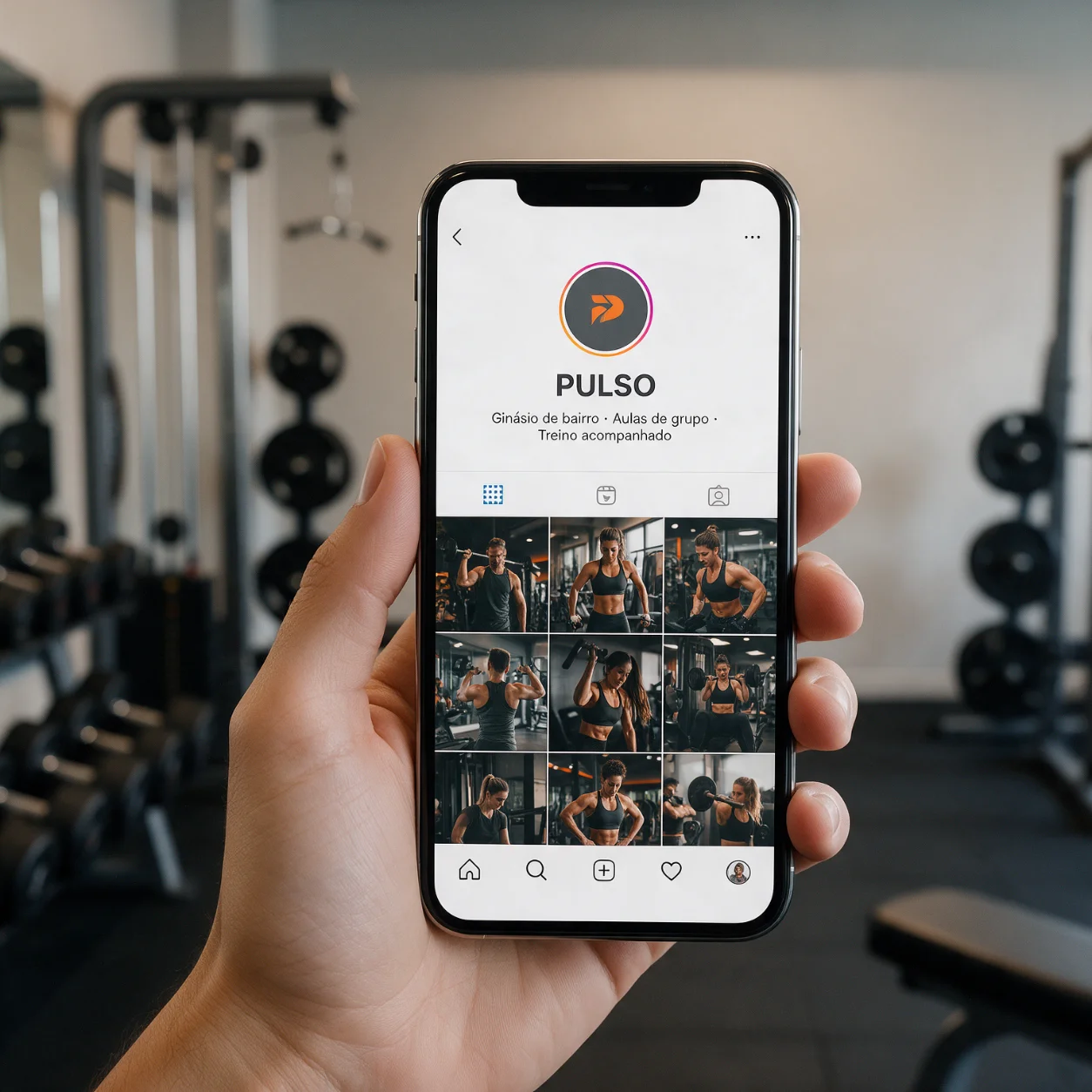 Telemóvel com o perfil de Instagram de um ginásio
