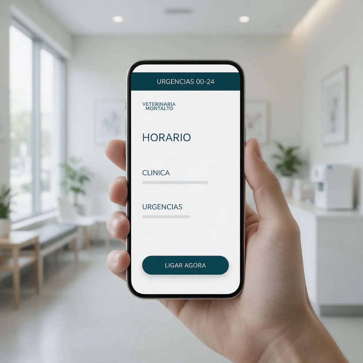 Telemóvel com o horário e as urgências de uma clínica veterinária Telemóvel com o horário e as urgências de uma clínica veterinária