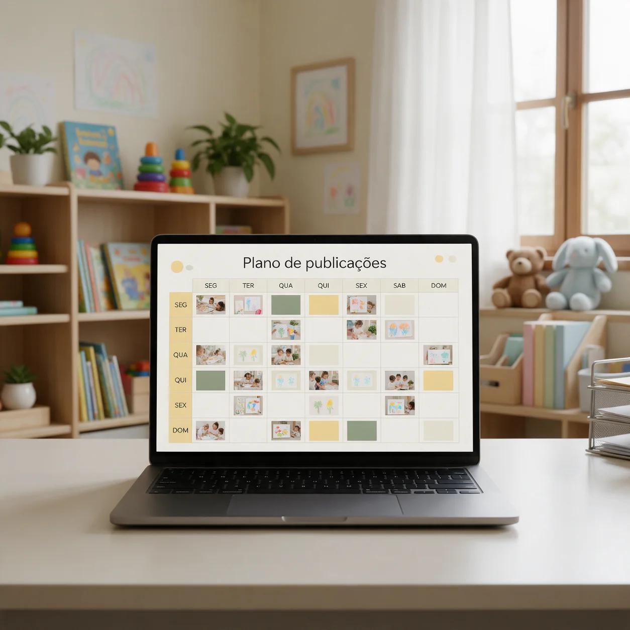 Portátil com o calendário de publicações de um infantário
