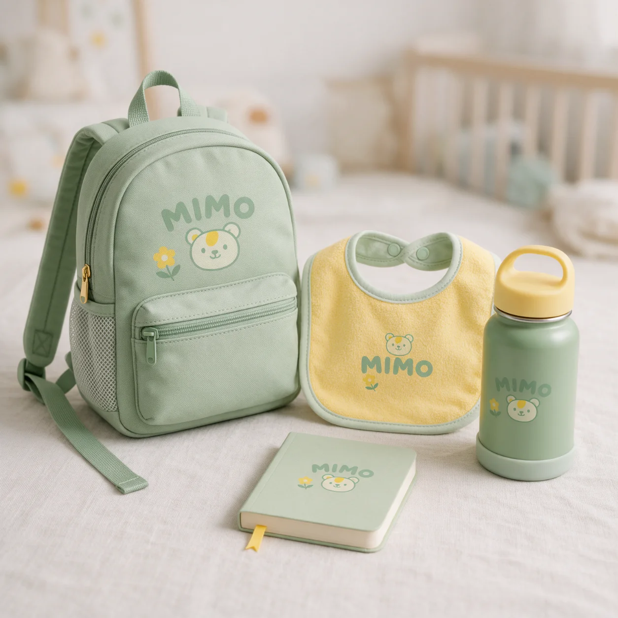 Mochila, bibe e caderneta com a marca de um infantário