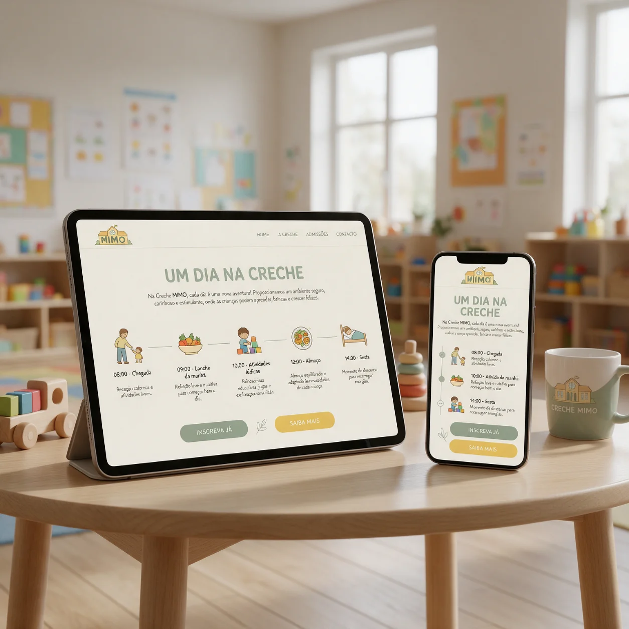 Tablet e telemóvel com a rotina diária de uma creche
