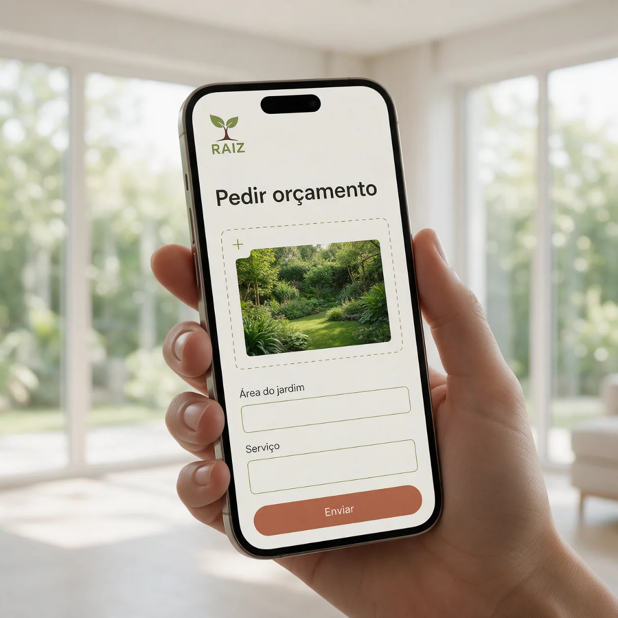 Telemóvel com o pedido de orçamento de uma empresa de jardinagem