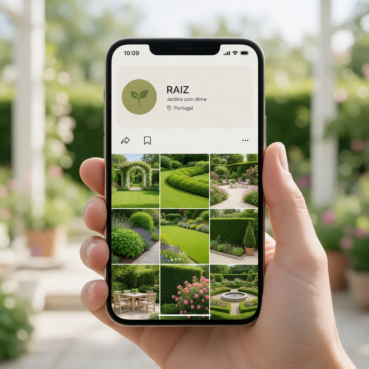Telemóvel com o perfil de redes sociais de uma empresa de jardinagem