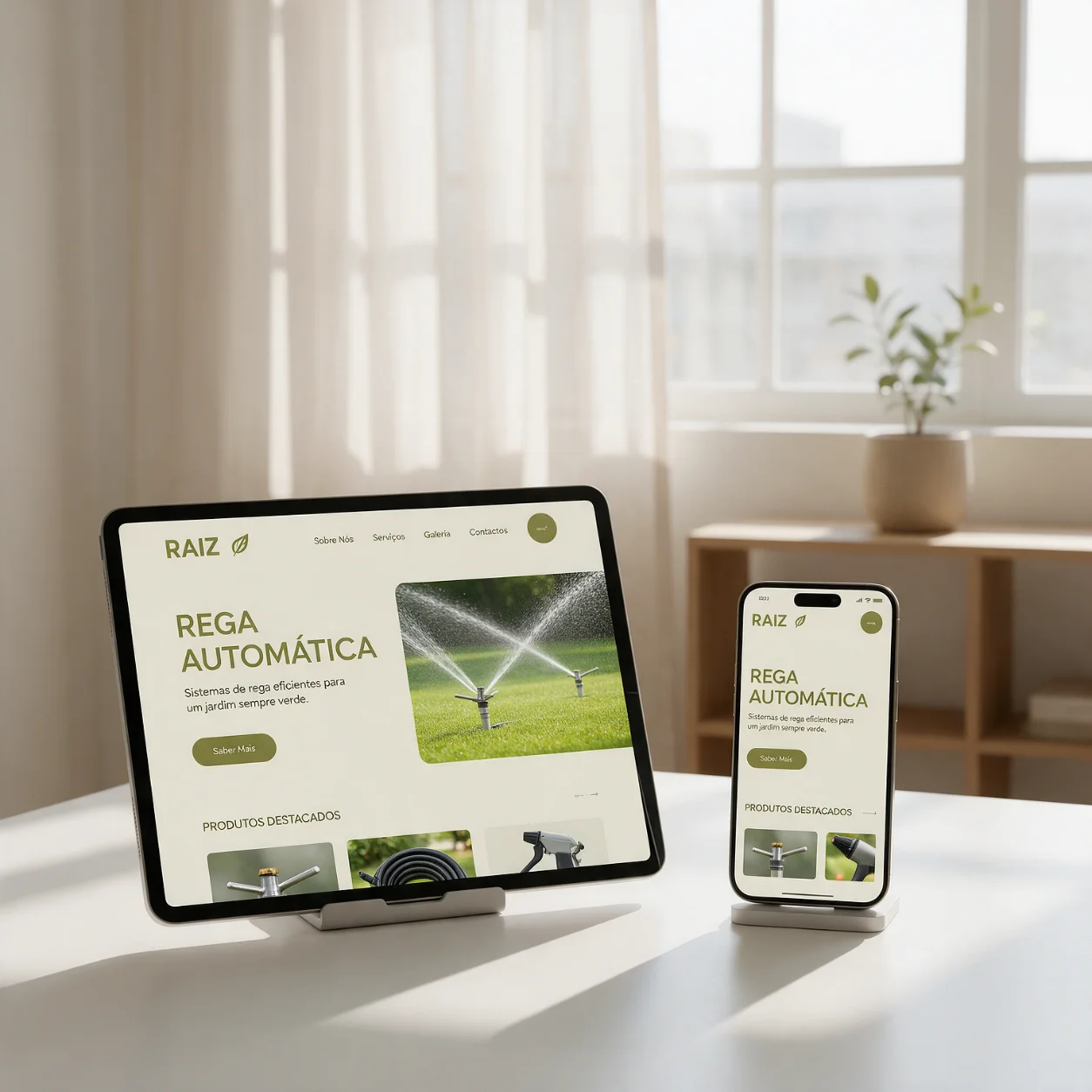 Tablet e telemóvel com a página de rega automática de uma empresa de jardinagem