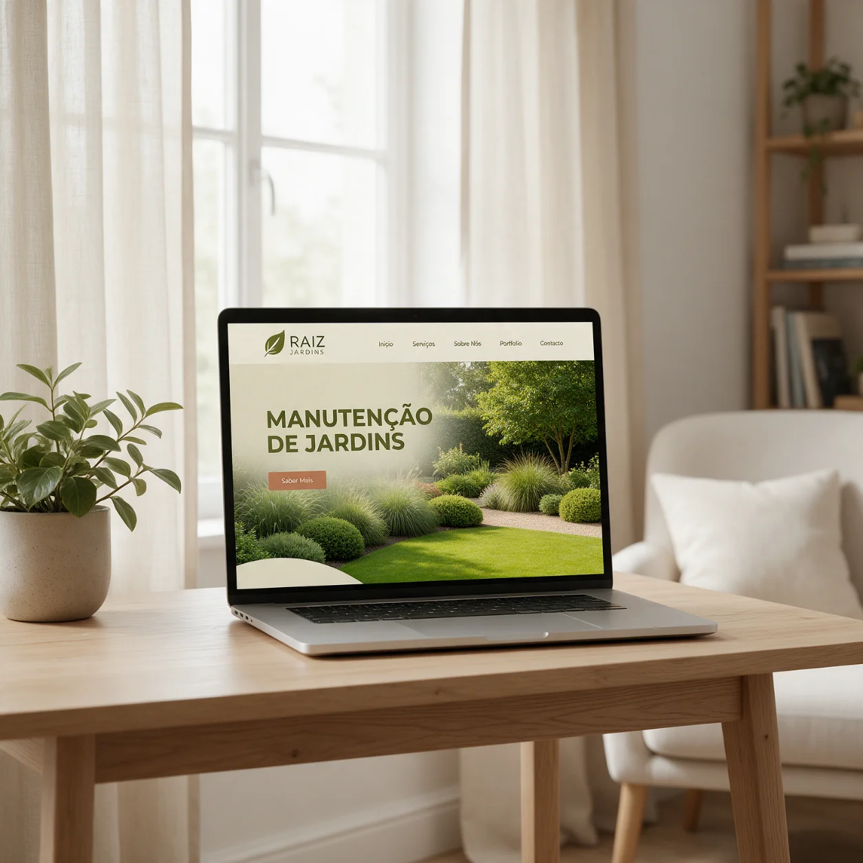 Portátil com o site de uma empresa de jardinagem