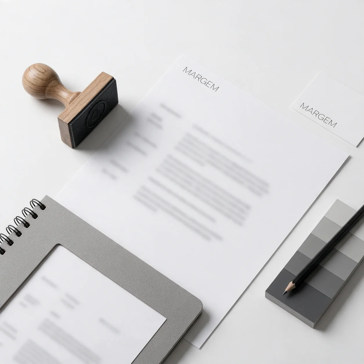 Kit de identidade de um ateliê de arquitetura com o logótipo aplicado