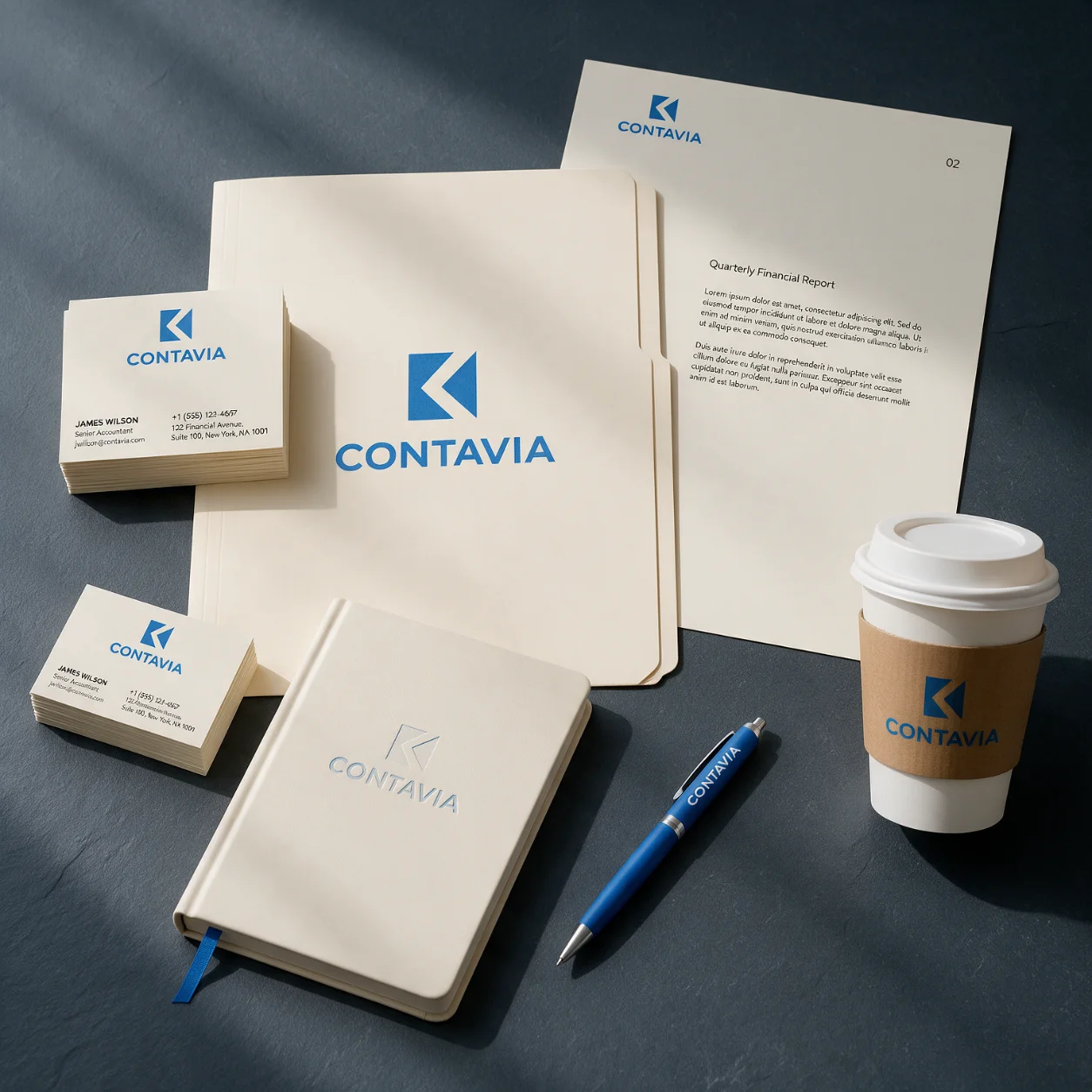Kit de identidade de um gabinete de contabilidade com logótipo aplicado