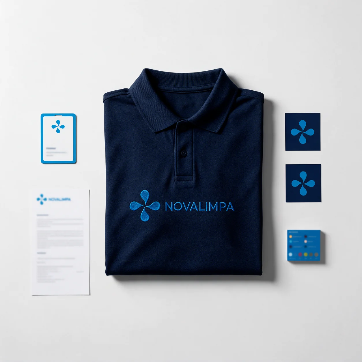 Kit de identidade de uma empresa de limpeza com o logótipo aplicado Kit de identidade de uma empresa de limpeza com o logótipo aplicado