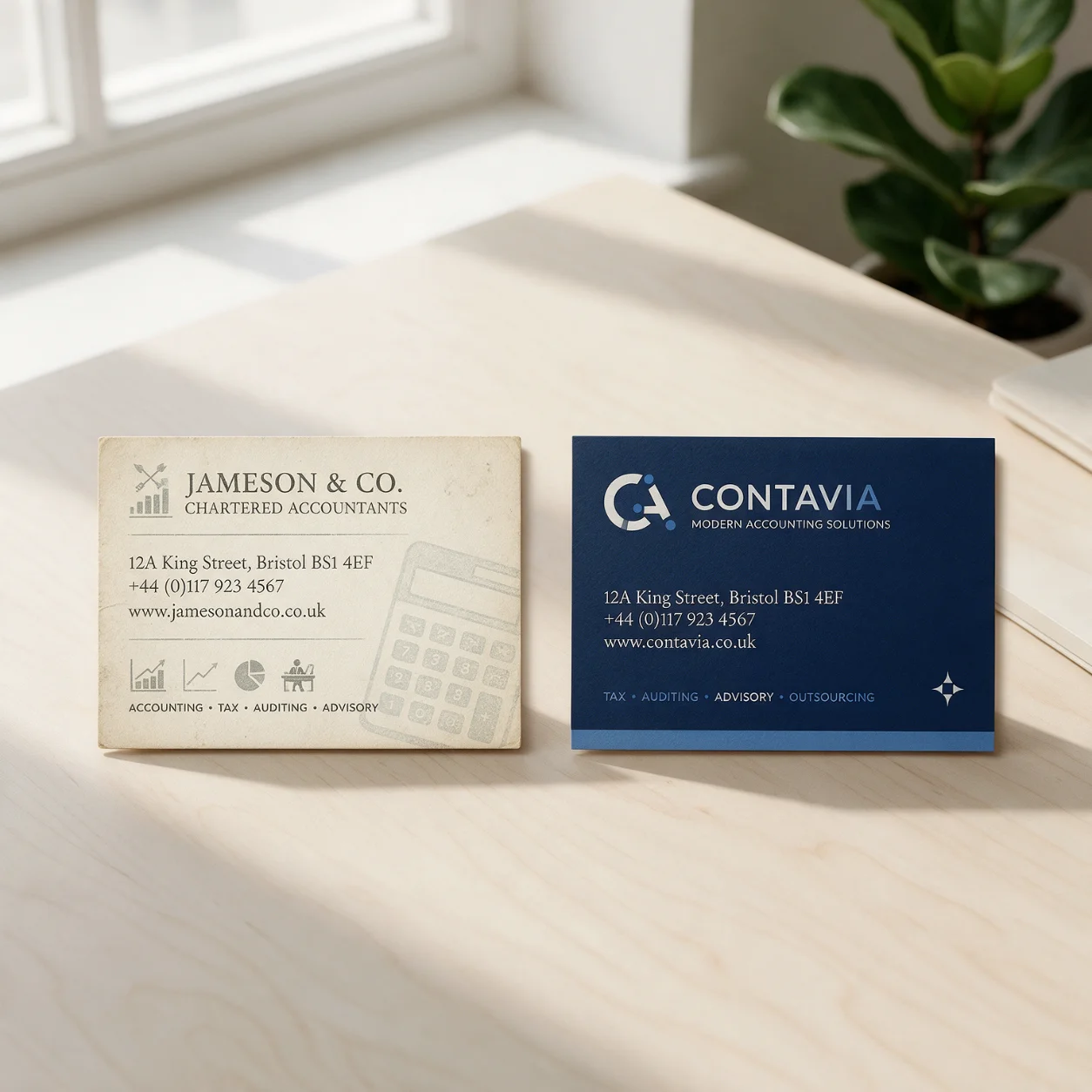 Cartão de contabilidade antigo e cartão novo com a marca renovada