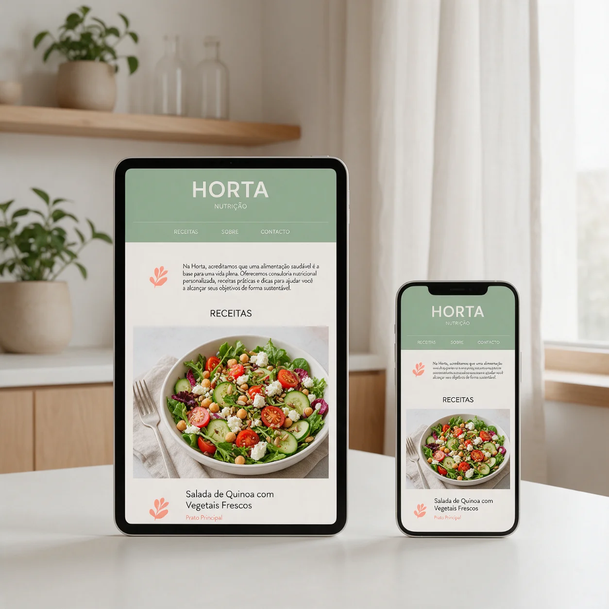 Tablet e telemóvel com a página de receitas de um nutricionista