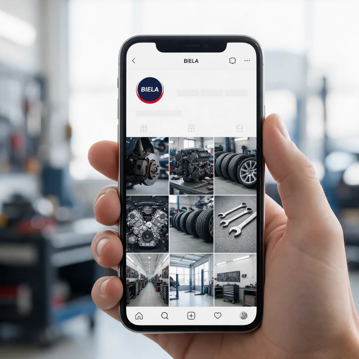 Telemóvel com o perfil de redes sociais de uma oficina automóvel