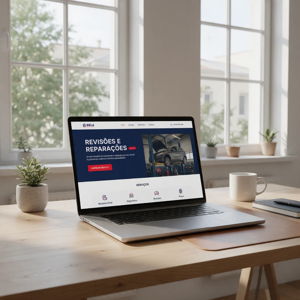 Portátil com o site de uma oficina automóvel