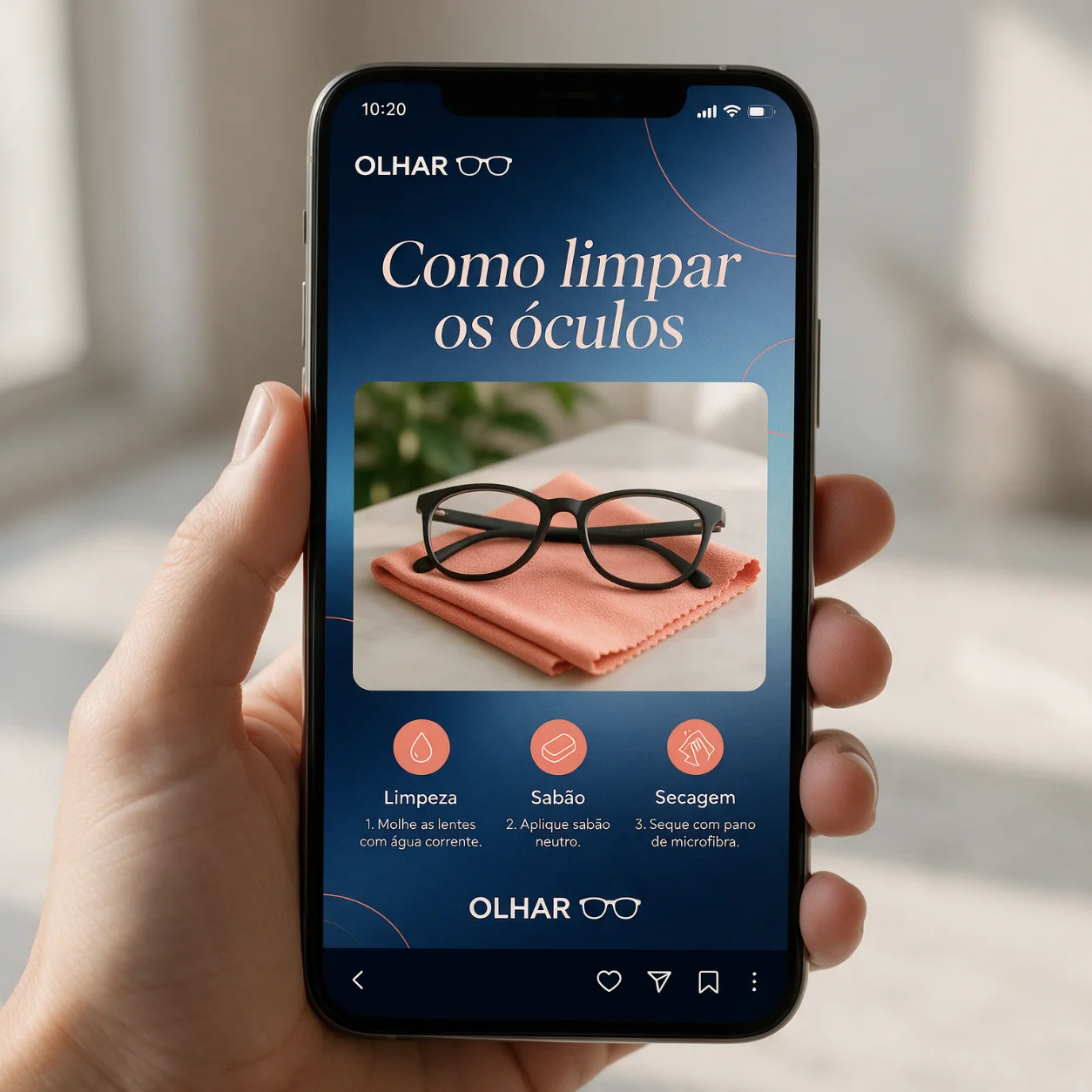 Telemóvel com uma publicação sobre como limpar os óculos