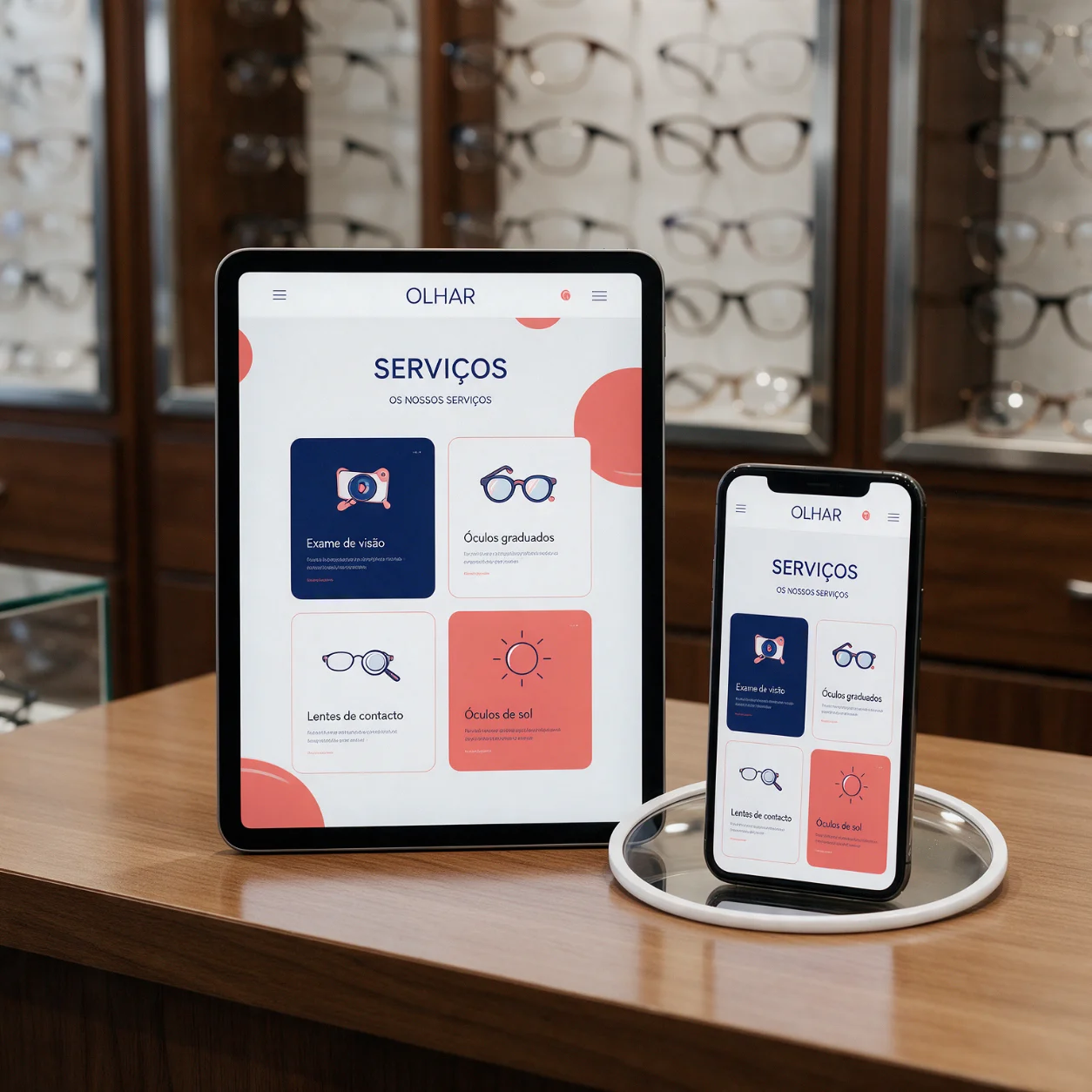 Tablet e telemóvel com os serviços de uma ótica