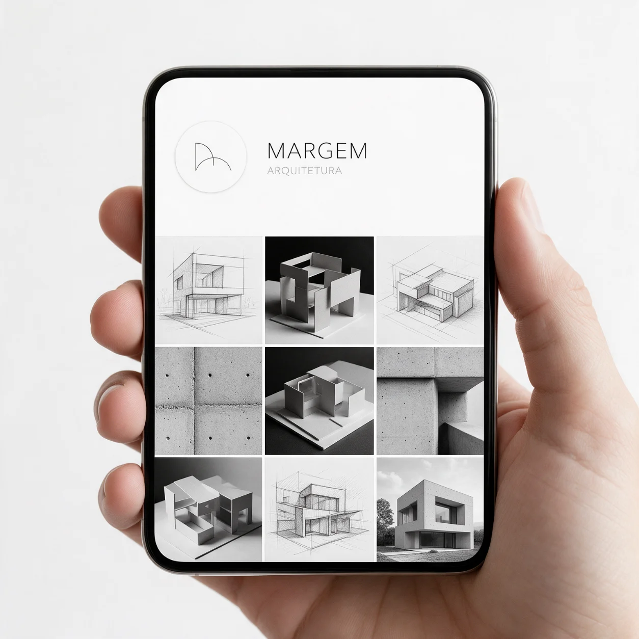 Telemóvel com o perfil de redes sociais de um ateliê de arquitetura Telemóvel com o perfil de redes sociais de um ateliê de arquitetura