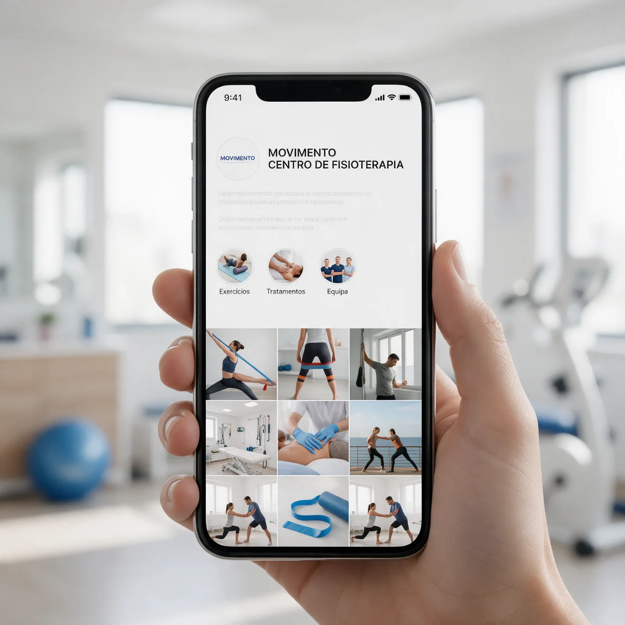 Telemóvel com o perfil de redes sociais de uma clínica de fisioterapia