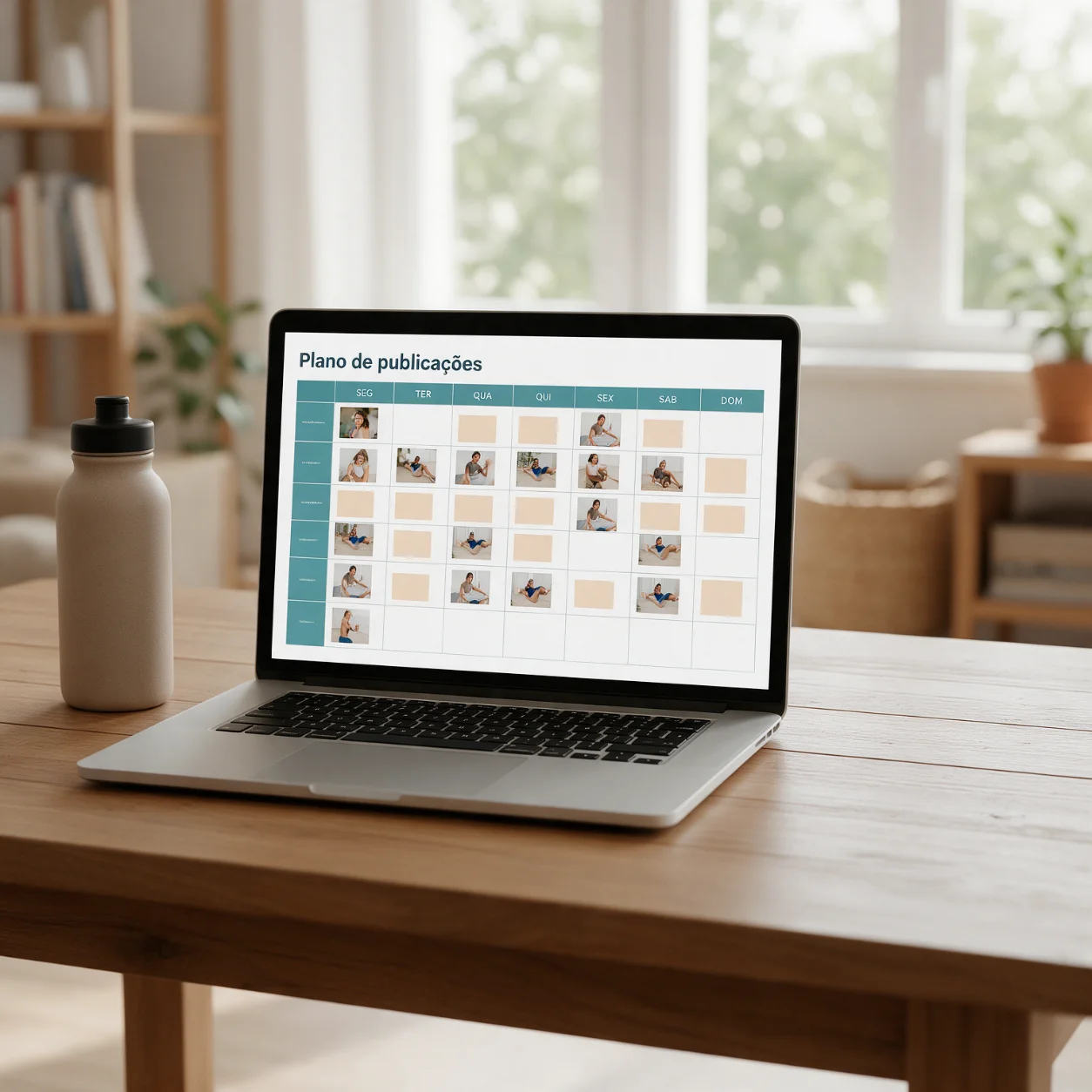 Portátil com o calendário de publicações de um personal trainer