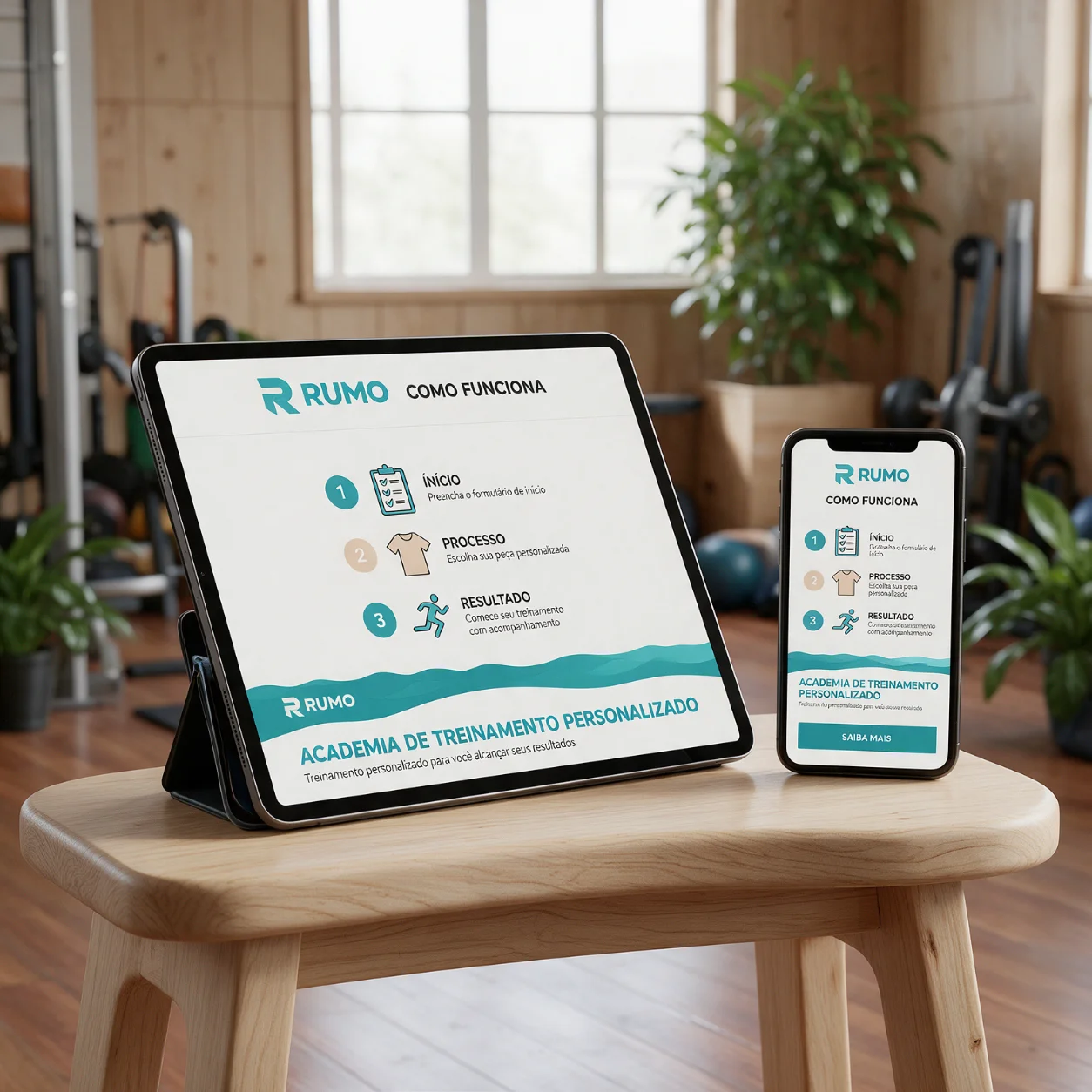Tablet e telemóvel com a página de como funciona o treino personalizado