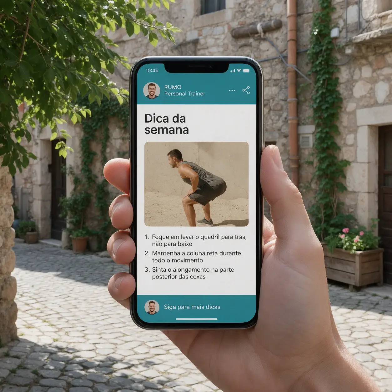 Telemóvel com uma publicação de dica de treino de um personal trainer