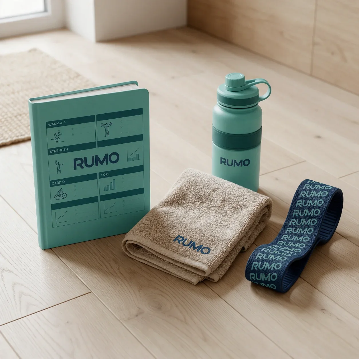 Caderno, toalha e garrafa com a marca de um personal trainer