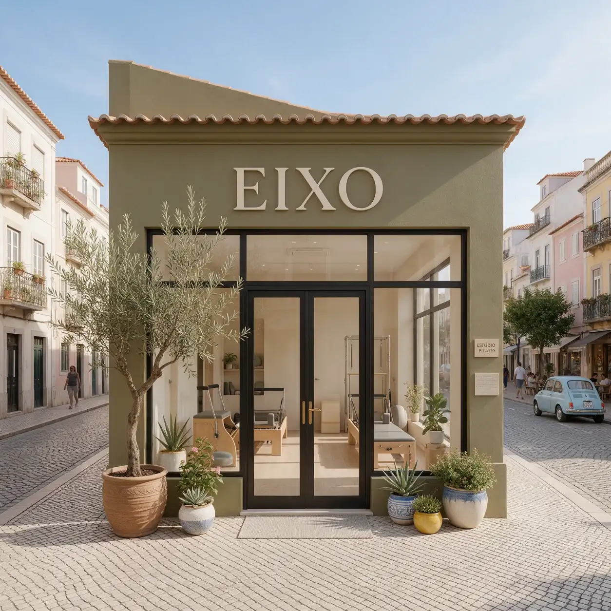 Fachada de um estúdio de pilates com a marca