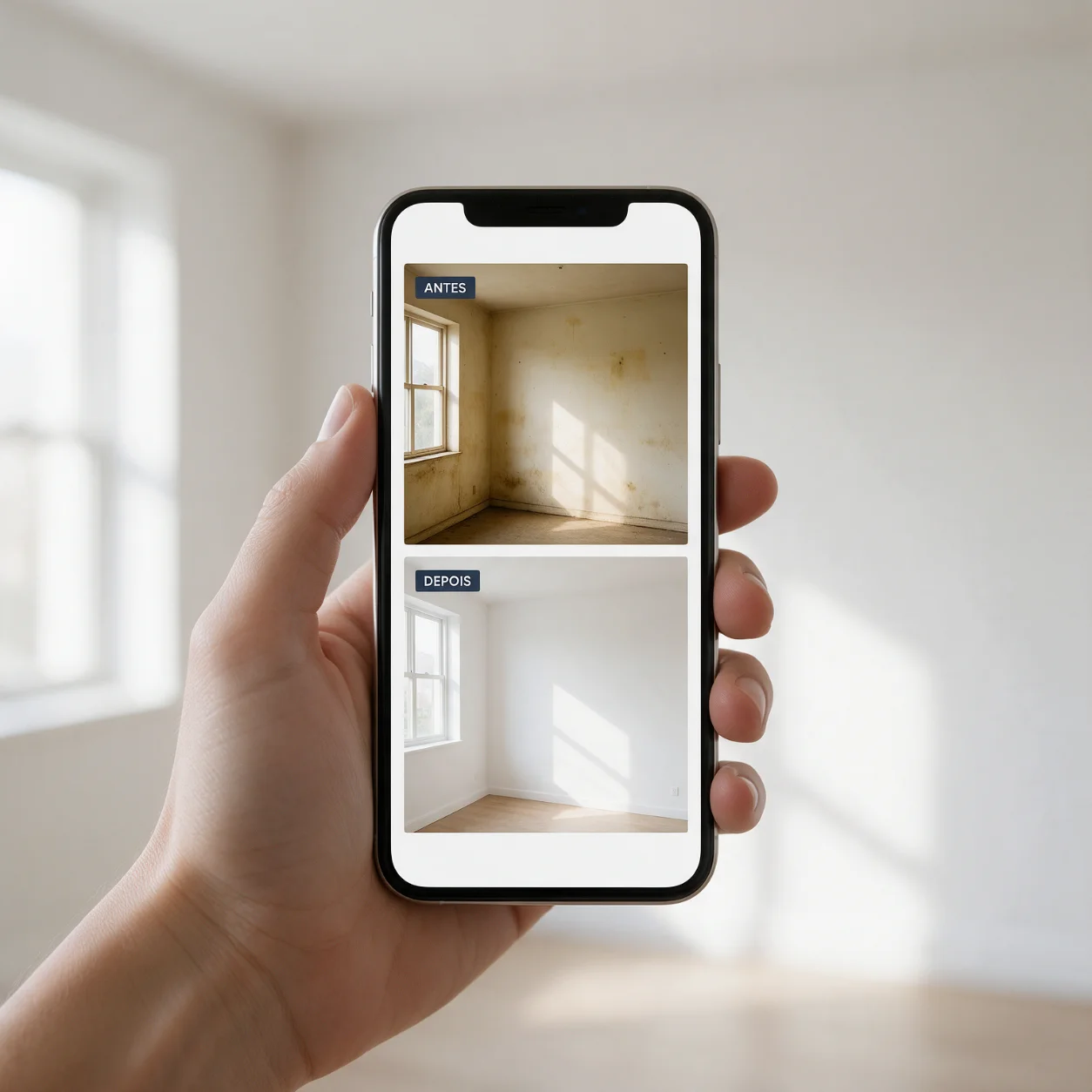 Telemóvel com uma sala antes e depois de pintada