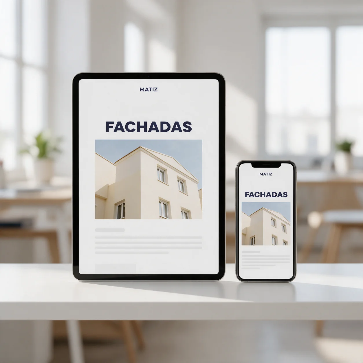 Tablet e telemóvel com a página de fachadas de uma empresa de pintura