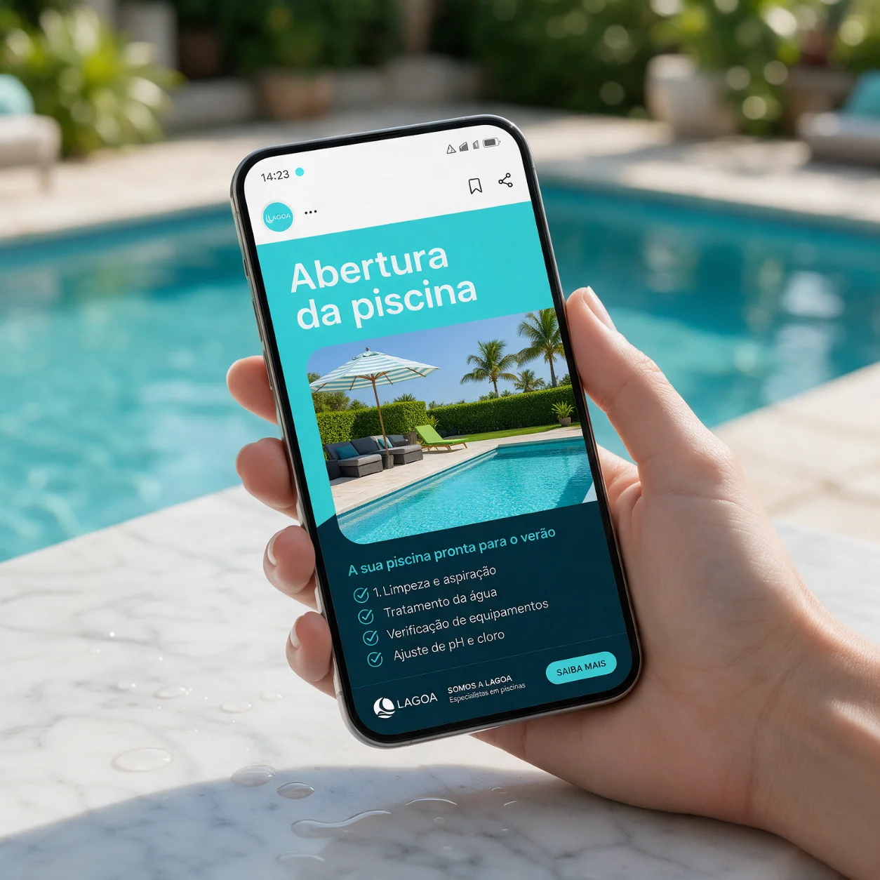 Telemóvel com uma publicação sobre a abertura da piscina