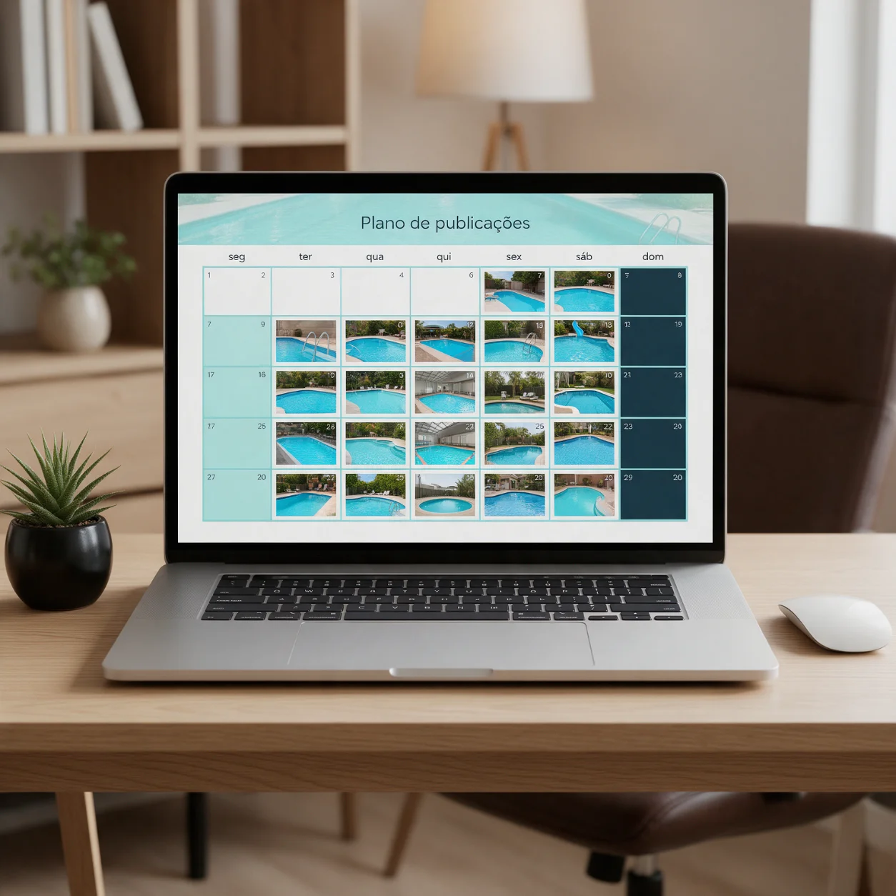 Portátil com o calendário de publicações de uma empresa de piscinas
