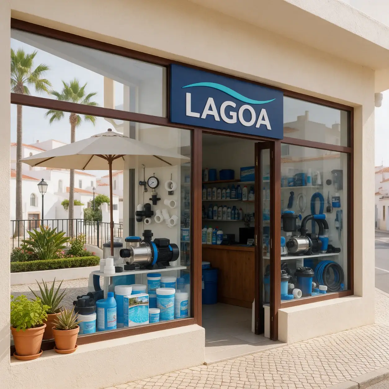 Fachada de uma loja de piscinas com a marca