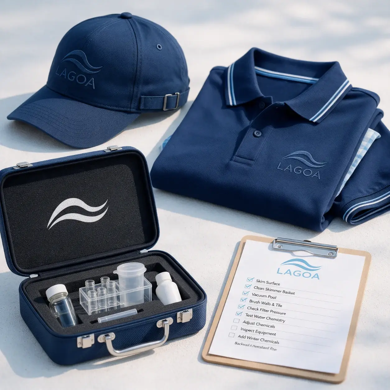 Boné, polo e kit de análise de água com a marca de uma empresa de piscinas