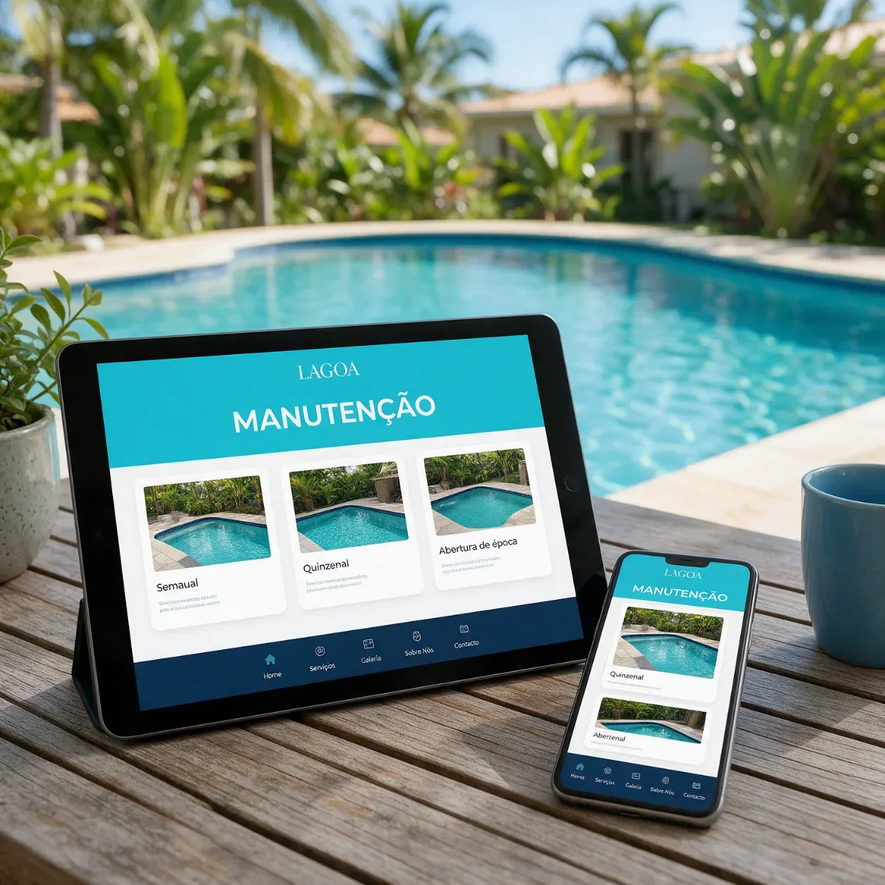 Tablet e telemóvel com os planos de manutenção de piscinas