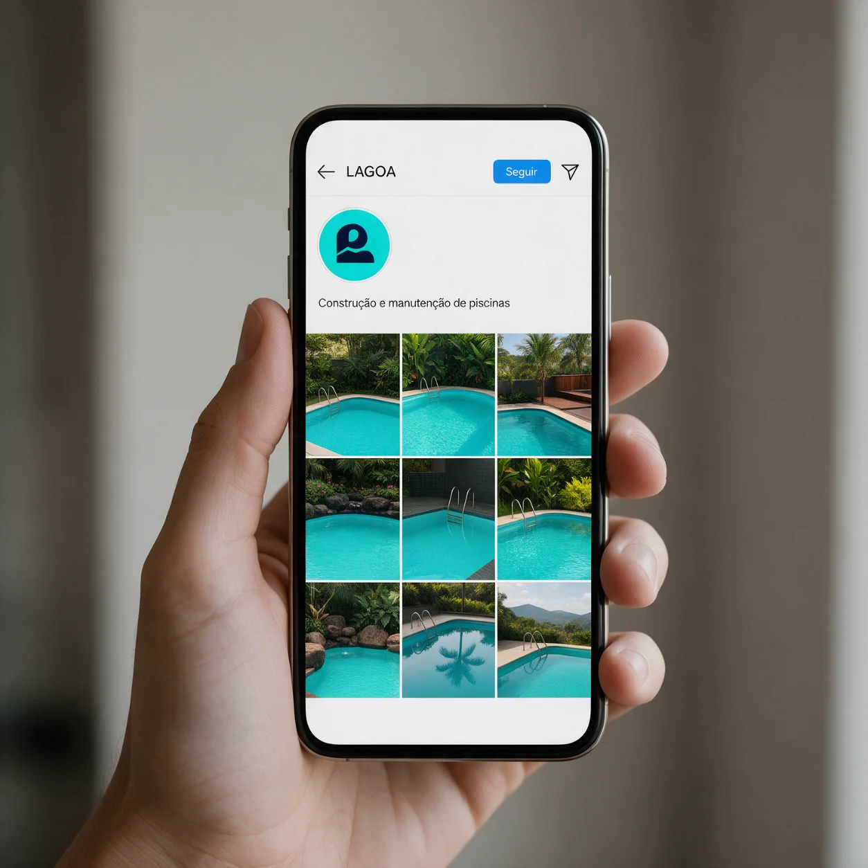 Telemóvel com o perfil de Instagram de uma empresa de piscinas