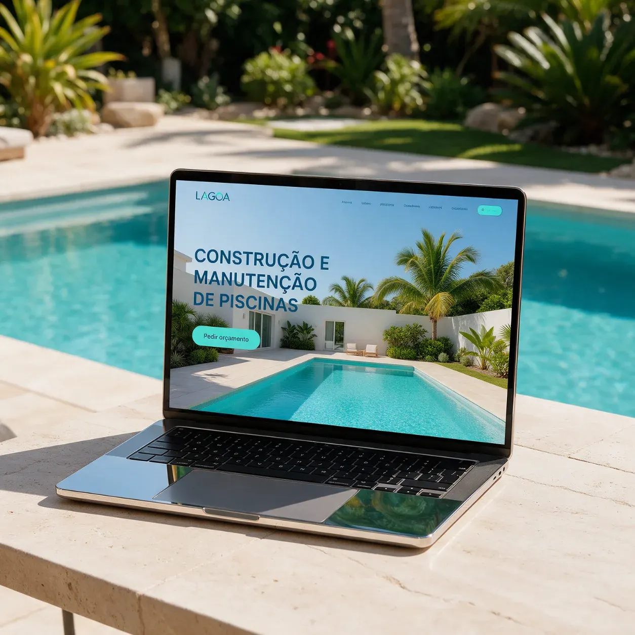 Portátil com o site de uma empresa de piscinas