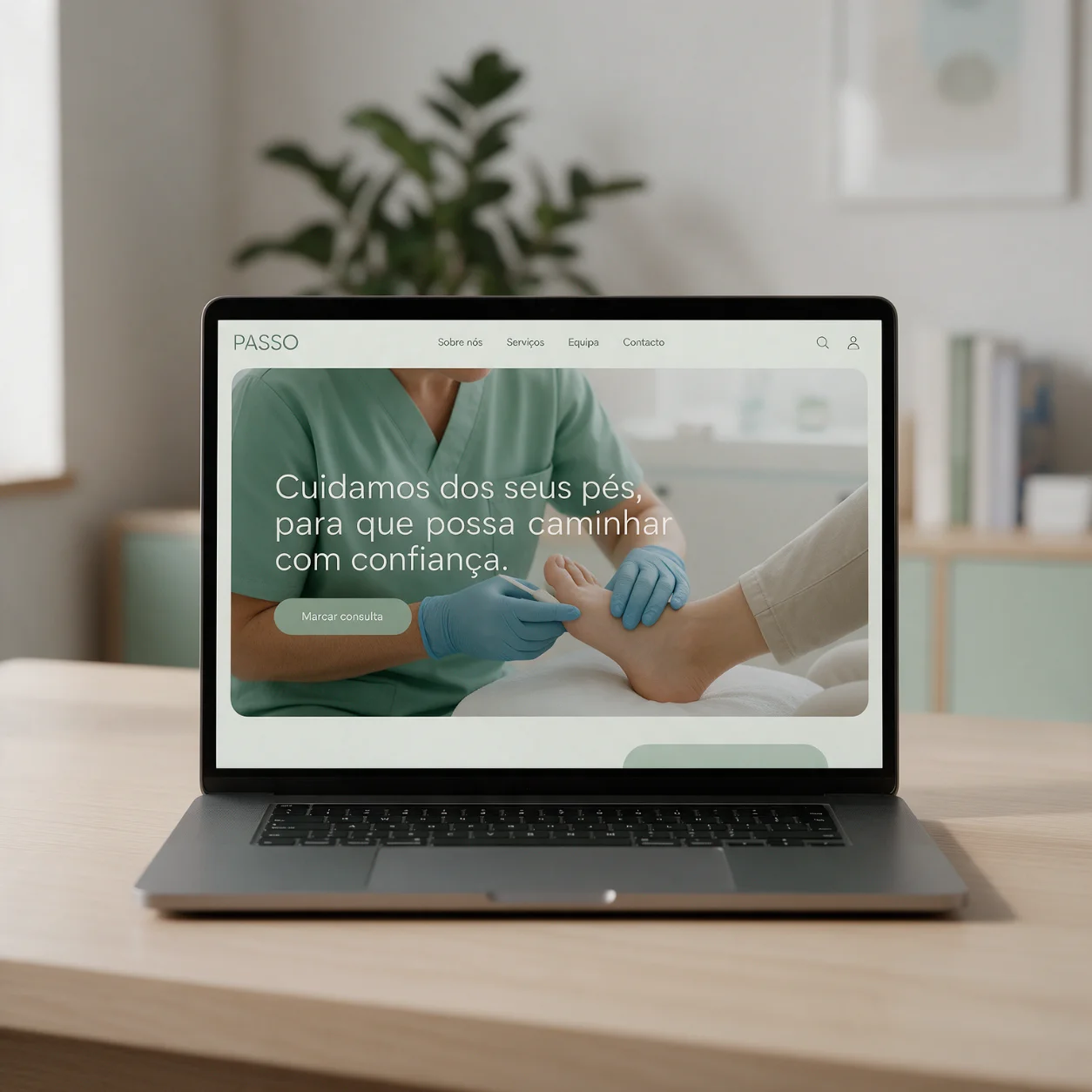 Portátil com o site de uma clínica de podologia