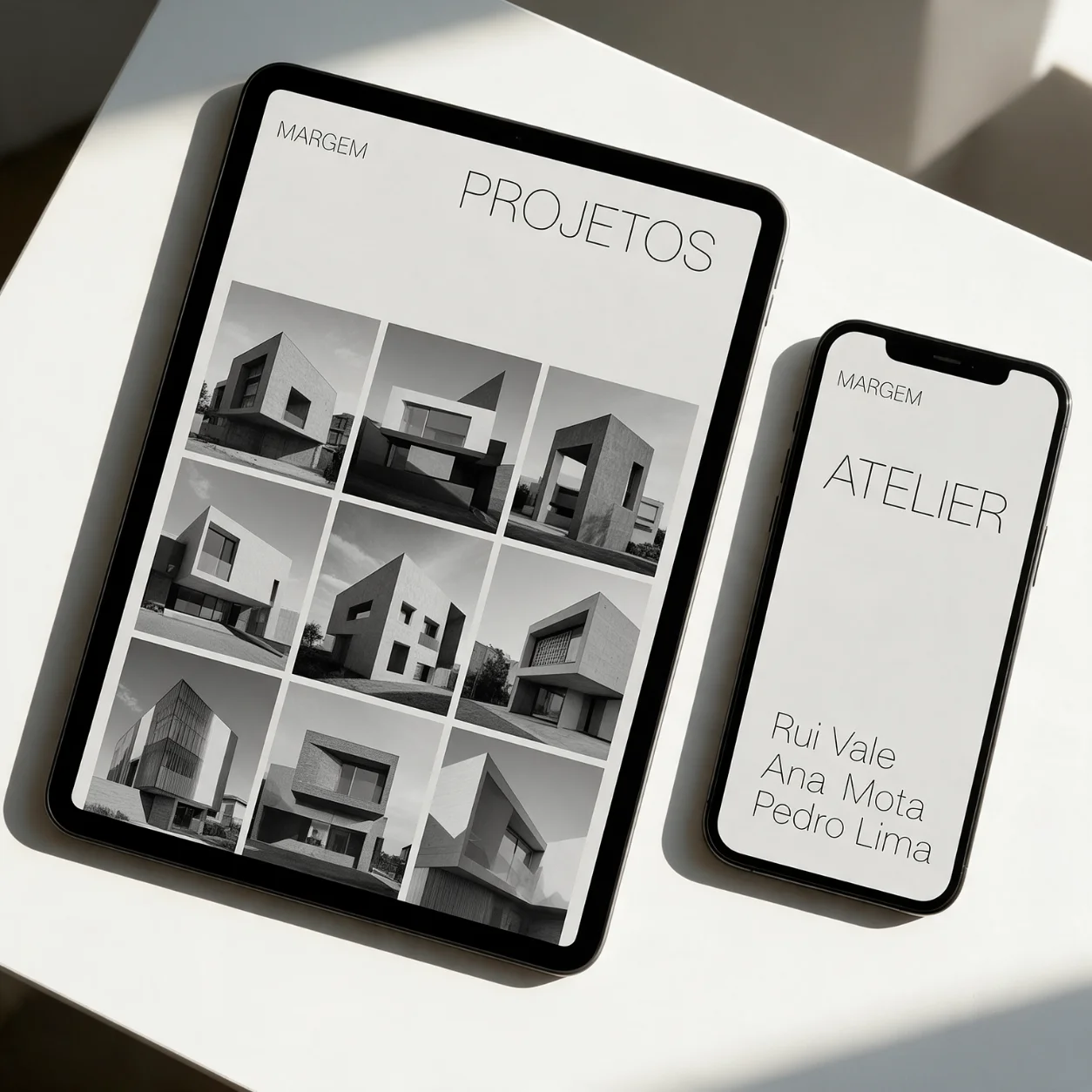 Tablet e telemóvel com o portefólio de um ateliê de arquitetura