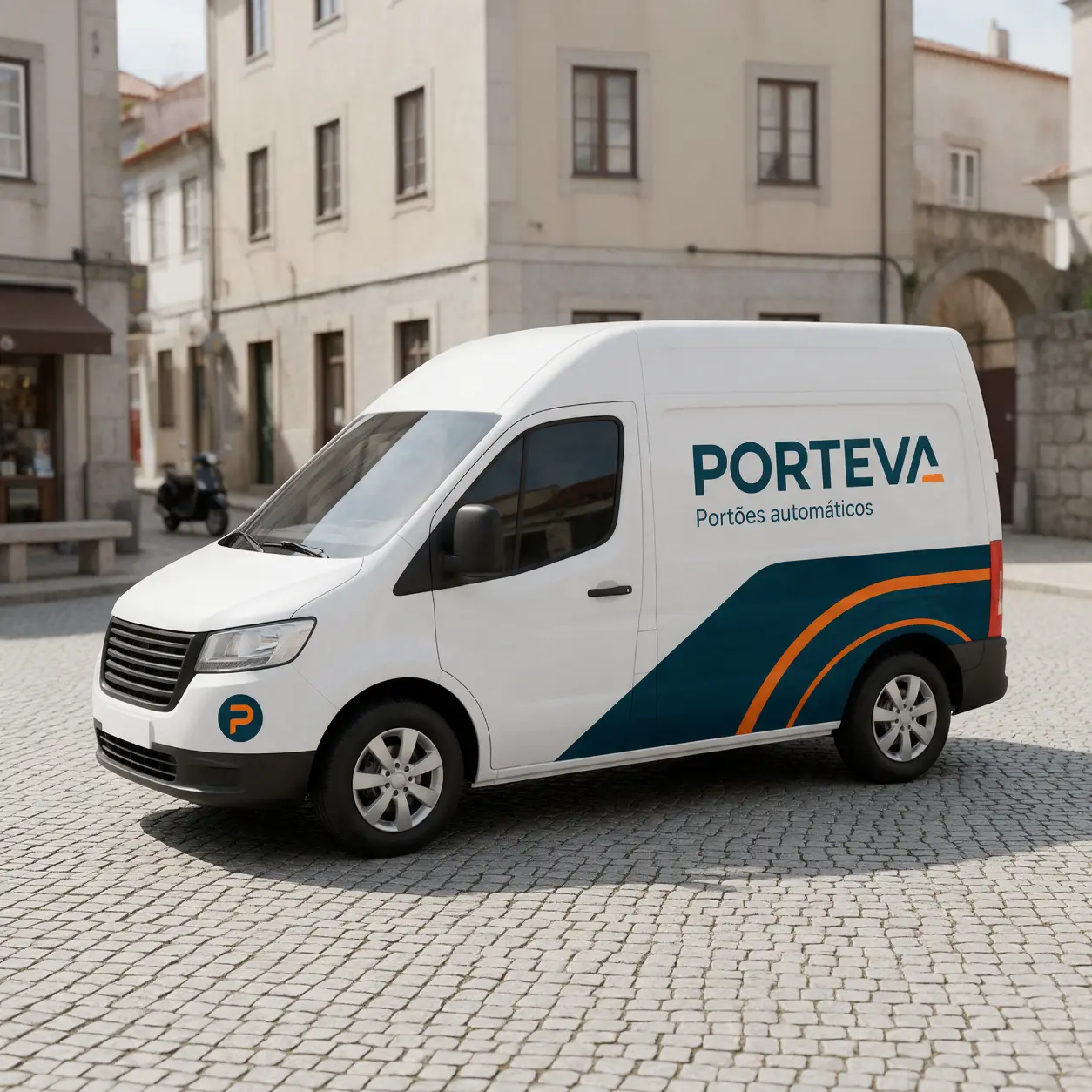 Carrinha de uma empresa de portões automáticos com o logótipo