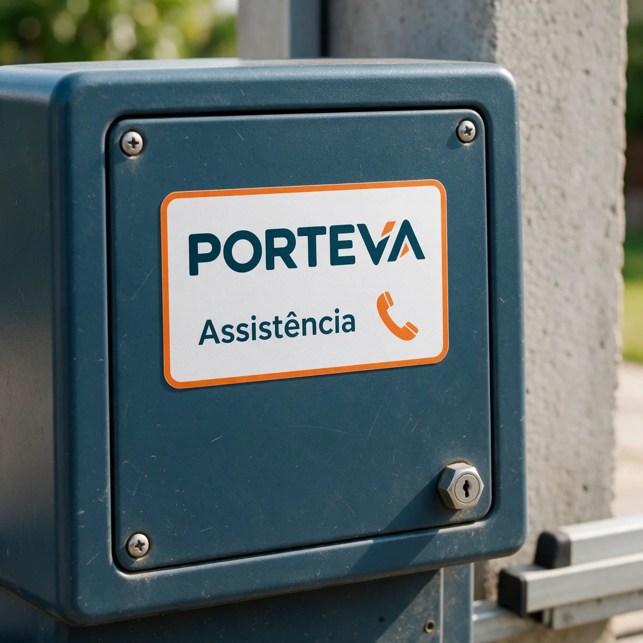 Etiqueta com o logótipo aplicada no motor de um portão de correr