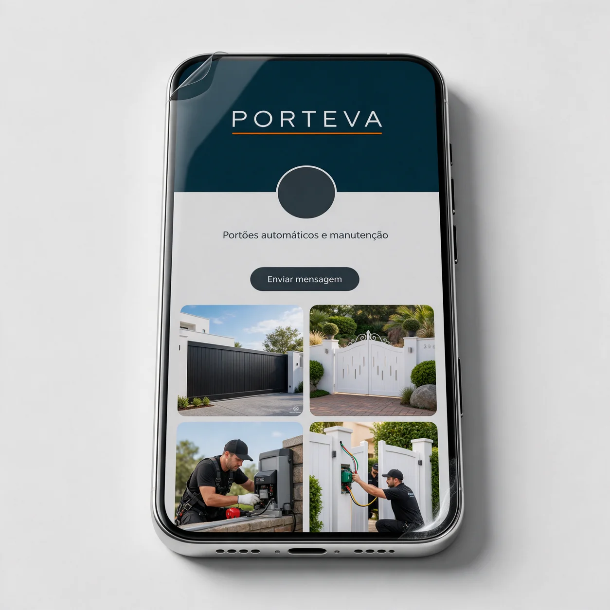 Telemóvel com o perfil de redes sociais de uma empresa de portões automáticos