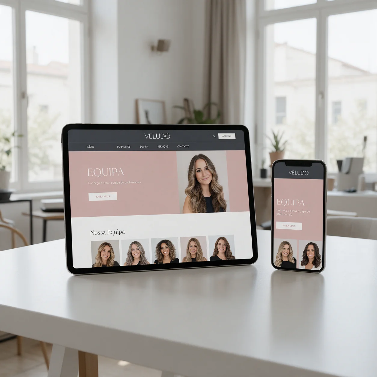 Tablet e telemóvel com a página da equipa de um salão