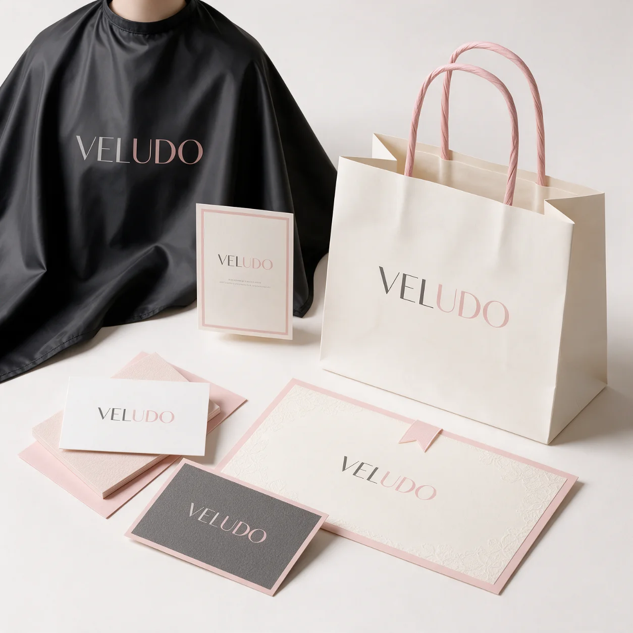 Saco, cartões e vale de oferta com a marca de um salão
