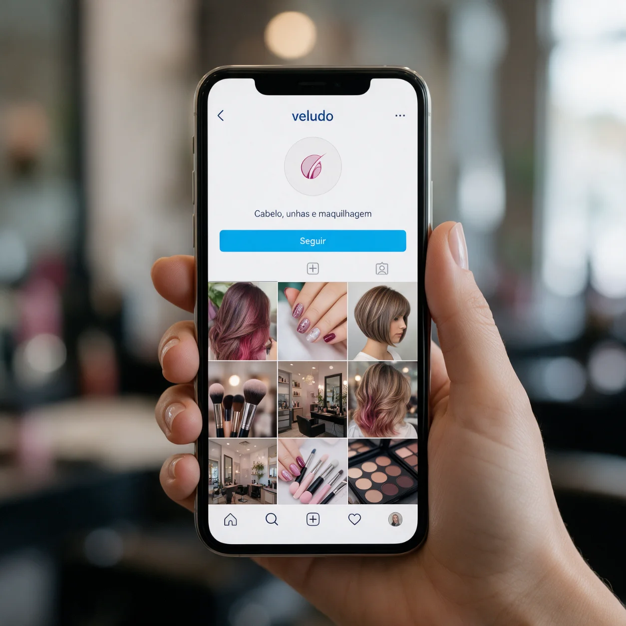 Telemóvel com o perfil de Instagram de um salão de beleza