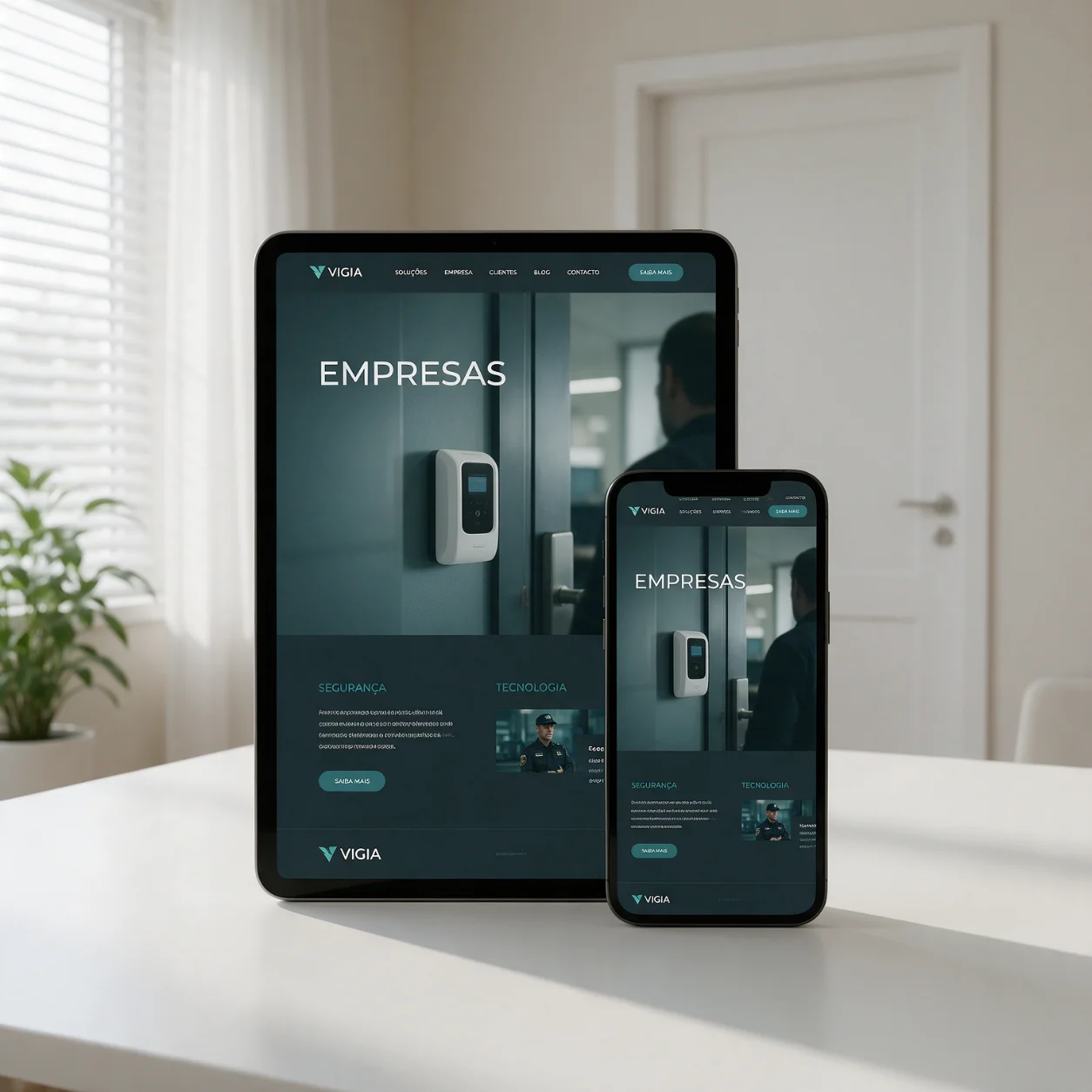 Tablet e telemóvel com a página para empresas de uma empresa de segurança